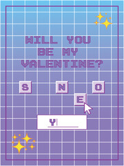 Valentine's day poster or card in game style with retro buttons. Old computer aesthetics from the 2000s. Vector illustration