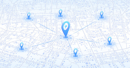 Multiple destinations from home. Gps tracking map. Track navigation pins on street maps, navigate mapping technology and locate position pin. Futuristic travel gps map or location navigator vector - obrazy, fototapety, plakaty
