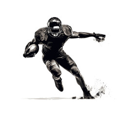 Black silhouette of a male American football athlete in-game action, throwing the football, running, passing, receiving, tackling, blocking, punting, intercepting the ball
