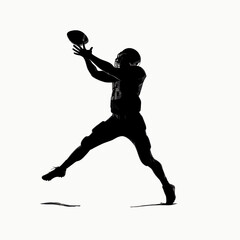 Fototapeta na wymiar Black silhouette of a male American football athlete in-game action, throwing the football, running, passing, receiving, tackling, blocking, punting, intercepting the ball