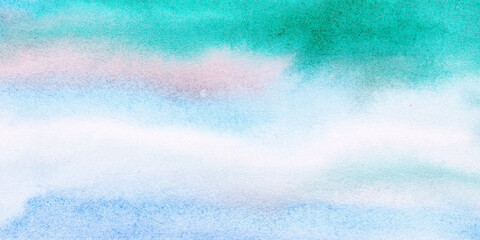 Abstract watercolor background, light blue spots of spread green paint. Large beautiful wide banner.