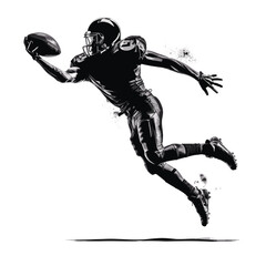 Black silhouette of a male American football athlete in-game action, throwing the football, running, passing, receiving, tackling, blocking, punting, intercepting the ball
