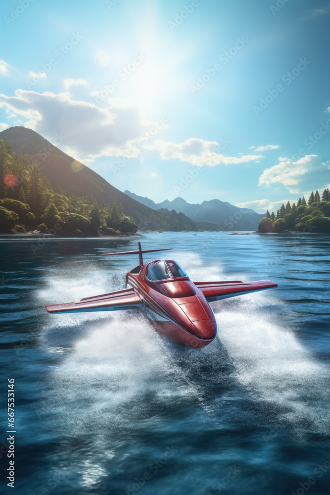 Aufkleber a small red plane soaring through the sky above a serene body of water. perfect for travel or advent