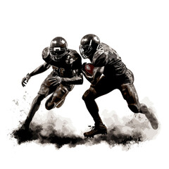 Black silhouette of a male American football athlete in-game action, throwing the football, running, passing, receiving, tackling, blocking, punting, intercepting the ball