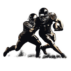 Black silhouette of a male American football athlete in-game action, throwing the football, running, passing, receiving, tackling, blocking, punting, intercepting the ball