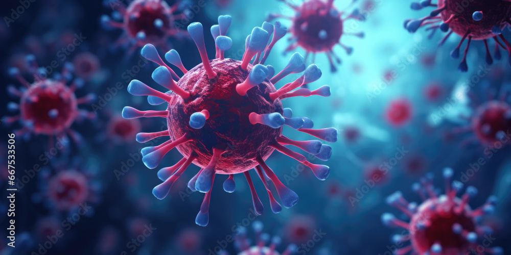 Poster a detailed view of a corona cell in shades of red and blue. this image can be used to depict scienti