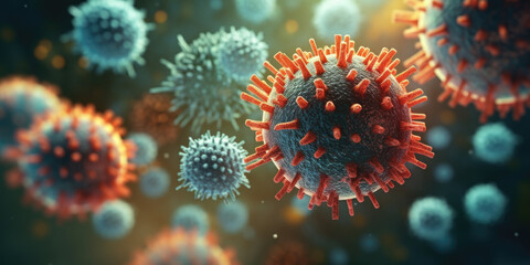 A detailed close-up view of a bunch of red and orange viruses. This image can be used to illustrate the concept of viral infections and the spread of contagious diseases.