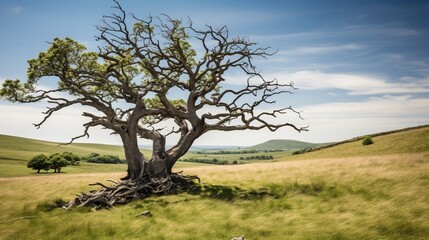 An old gnarled tree standing alone in a grassy field, testament to the passage of time.