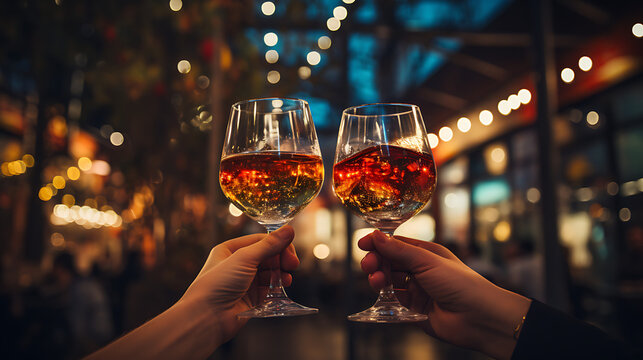 Two Hands Clinking Wine Glasses on Bokeh Background
