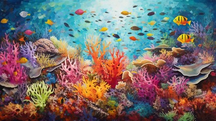 An overhead shot of a coral reef, bursting with colors and teeming with marine life.