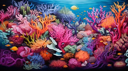 An overhead shot of a coral reef, bursting with colors and teeming with marine life.