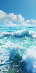 A beautiful painting depicting a serene blue ocean with fluffy white clouds. This picture can be used to add a calming and peaceful touch to various projects.