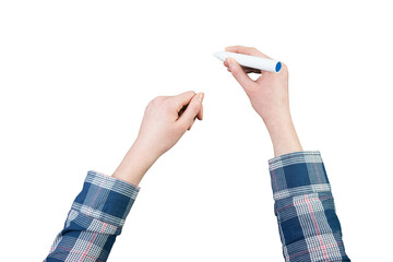 Woman hands writing with a marker. Top down view
