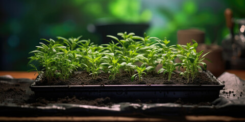 A detailed view of a tray filled with various plants. This image can be used to showcase gardening, plant care, or nursery concepts. - Powered by Adobe