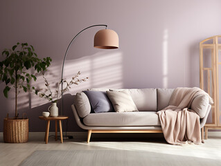 Scandinavian Living Room with Cherry Wood and Lavender Mist Walls