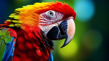 Close-up of a vibrant parrot, its colorful feathers shimmering in the sunlight.