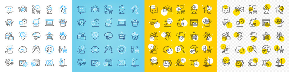 Vector icons set of Fisherman, Bicycle helmet and Gps line icons pack for web with Buyer, Sale, Grill outline icon. Add handbag, Creative idea, Puzzle image pictogram. Romantic dinner. Vector