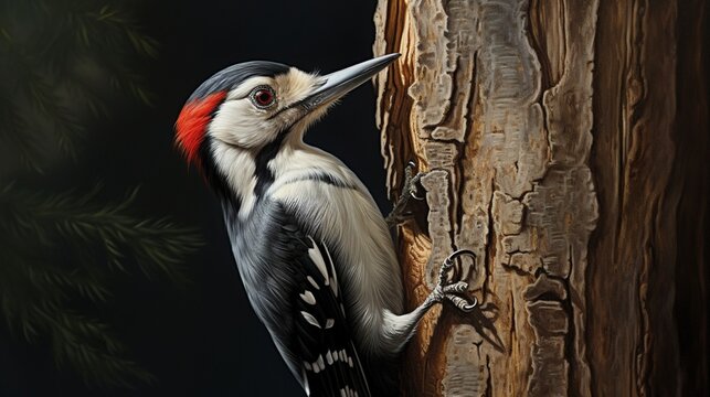 Close-up of a woodpecker, beak buried into the bark of a tree, in search of a meal.