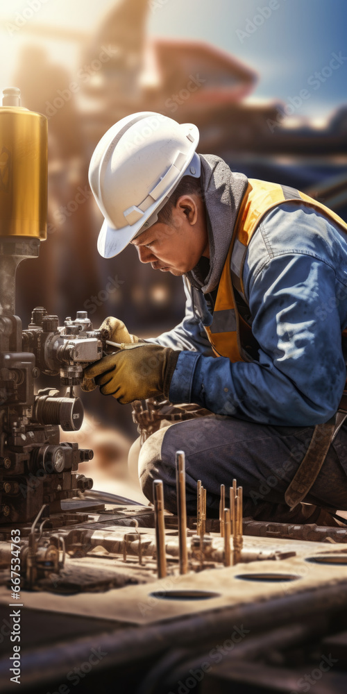Aufkleber a man in a hard hat operating a machine. this image can be used to depict industrial work, construct