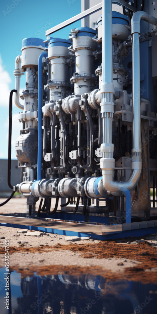 Poster a detailed close up of various pipes and valves. this image can be used to represent industrial proc