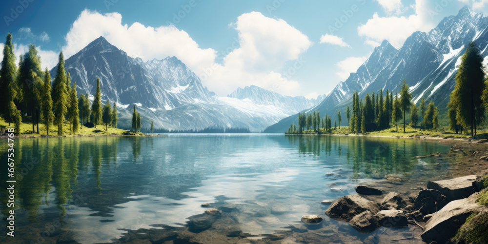 Poster a picturesque lake surrounded by rocks and trees with a magnificent mountain range in the background