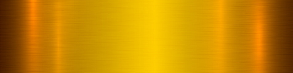 Gold metal plate background. Golden brushed metal surface. Panorama texture metal gold plating.Metallic texture with shiny light reflections.Gold polished metal steel texture. Technology. Vector EPS10