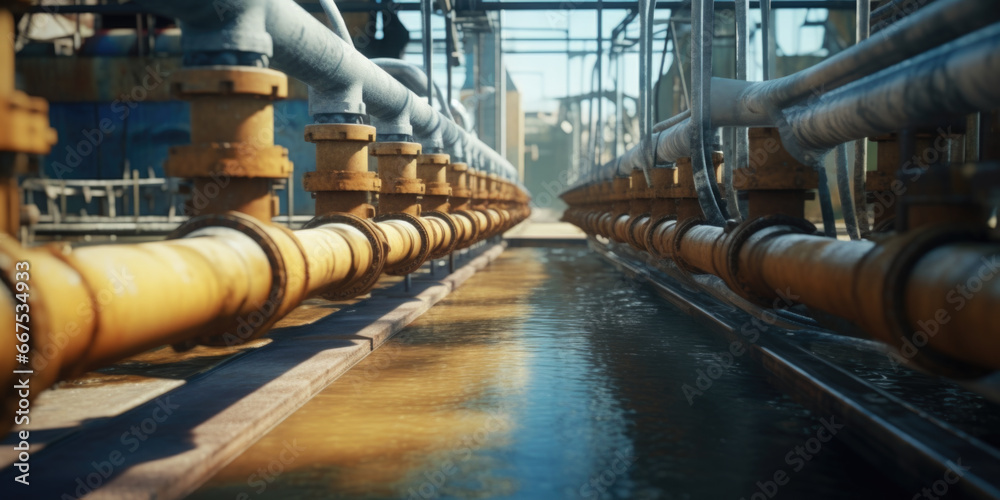 Poster A picture of a long line of pipes with water running down them. This image can be used to depict industrial infrastructure or the concept of water supply and distribution.