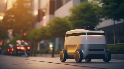  Autonomous food Delivery Vehicle driving in the city. Self driving delivery robot car - obrazy, fototapety, plakaty
