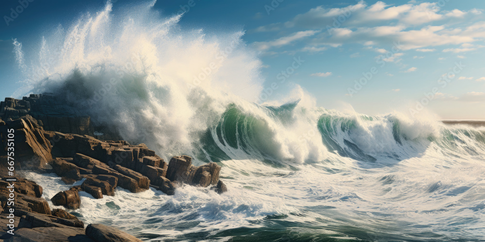 Poster A powerful wave crashes over a rugged shoreline. This image captures the raw force of nature and can be used to depict the power of the ocean.