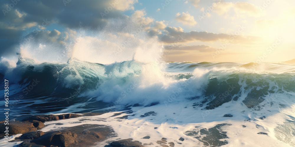 Poster a powerful wave crashes over a rugged and rocky shore. this image captures the raw energy and force 