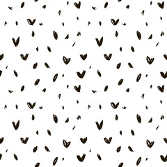 Seamless pattern of hand-drawn pen, marker strokes and doodles. Various black figures on a white background. Heart, squiggles, abstraction on a white background. Vector illustration. Packaging