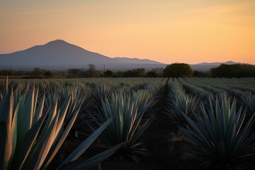 Agave tequilana weber field used for producing tequila at sunset with a view of the Tequila volcano. Generative AI - obrazy, fototapety, plakaty