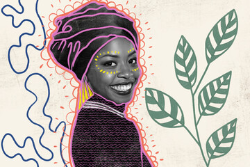 Artwork magazine collage picture of happy beautiful afro lady smiling isolated drawing background