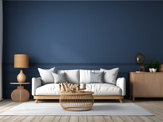 Scandinavian Living Room with White Carpet and Navy Walls