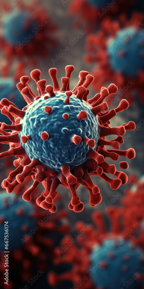 Poster a detailed close-up view of a red and blue corona cell. this image can be used to depict the microsc