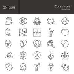 Core values icon set.  25 editable stroke vector graphic elements, stock illustration Icon, Business, Honesty, Morality, Responsibility, Community