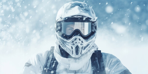 A person wearing a helmet and goggles in the snow. Suitable for winter sports and outdoor activities