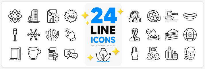 Icons set of Buildings, Execute and Three fingers line icons pack for app with Champagne glass, Tea cup, World brand thin outline icon. Idea lamp, Air conditioning, Inclusion pictogram. Vector