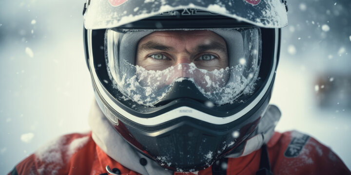 A man wearing a helmet and goggles stands confidently in the snow. Perfect for winter sports enthusiasts or outdoor adventure campaigns