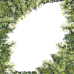 Watercolor Christmas frame, fir branch and background.