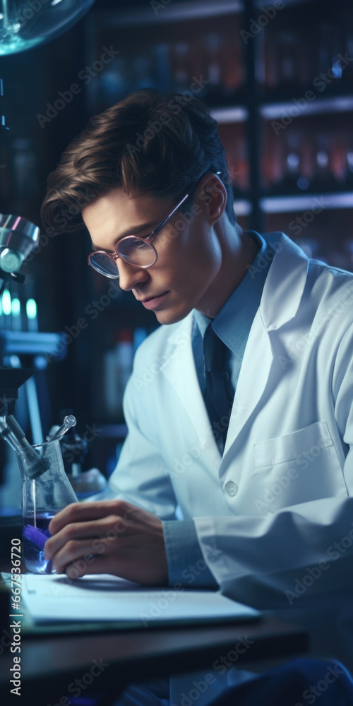 Poster a man wearing a lab coat is seen working on a piece of paper. this image can be used to represent sc
