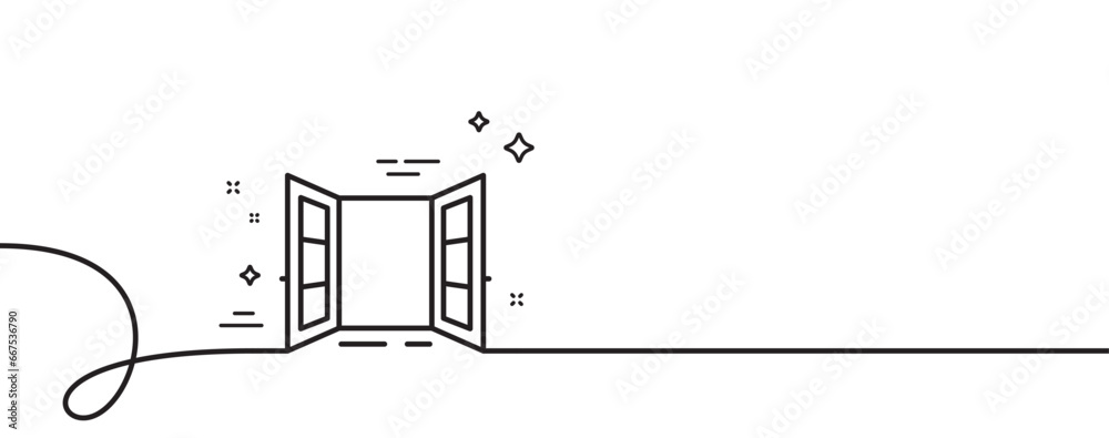 Poster open door line icon. continuous one line with curl. entrance doorway sign. building exit symbol. ope