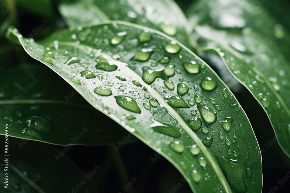 Poster a detailed close-up image of a leaf with water droplets glistening on its surface. perfect for natur