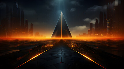 Cosmic cityscape backdrop with a pyramid, radiant orange design and structures. Perfect for capturing the essence of otherworldly futuristic designs. - obrazy, fototapety, plakaty