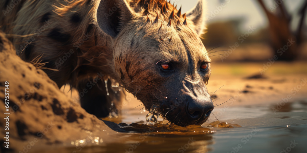 Poster a hyena is captured in this image as it drinks water from a river. this picture can be used to depic