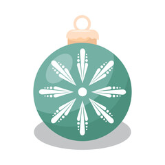 A green ball with a snowflake on a Christmas tree. Christmas ornaments trinkets. Items of festive decoration. Vector illustration