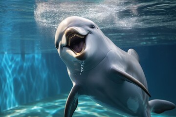 Cute white dolphin swimming underwater in the ocean. 3d rendering