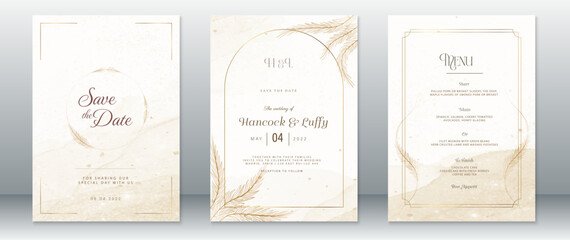 Elegant wedding invitation card template with gold frame design of nature leaf and watercolor background - obrazy, fototapety, plakaty