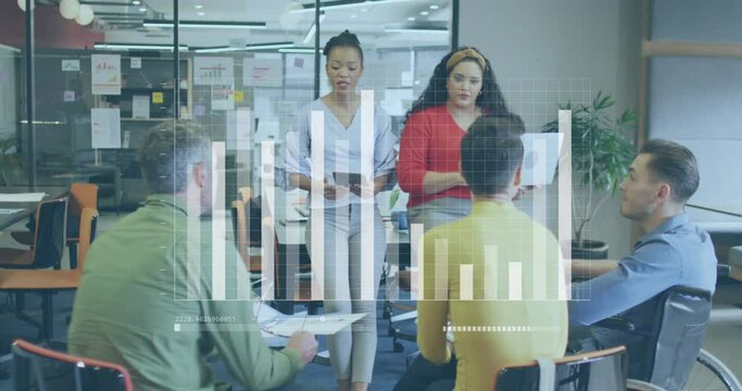 Animation of graph and loading bas over diverse coworkers sharing ideas in office