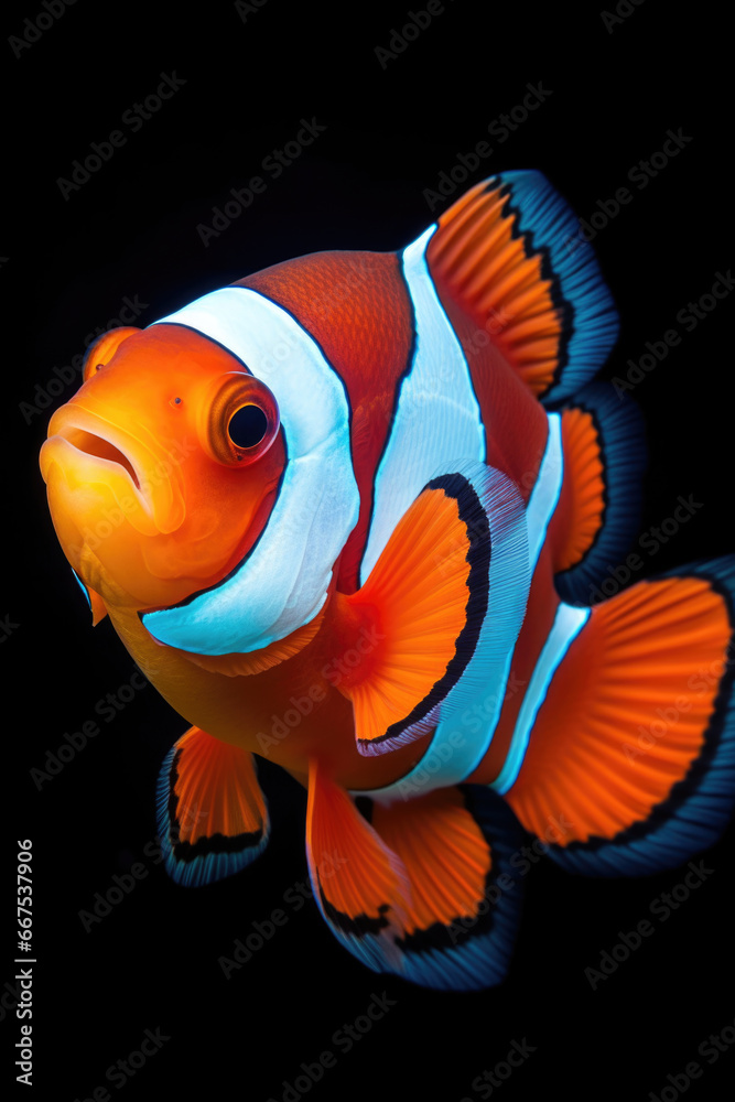 Poster a detailed close-up image of a clown fish against a black background. this picture can be used for v